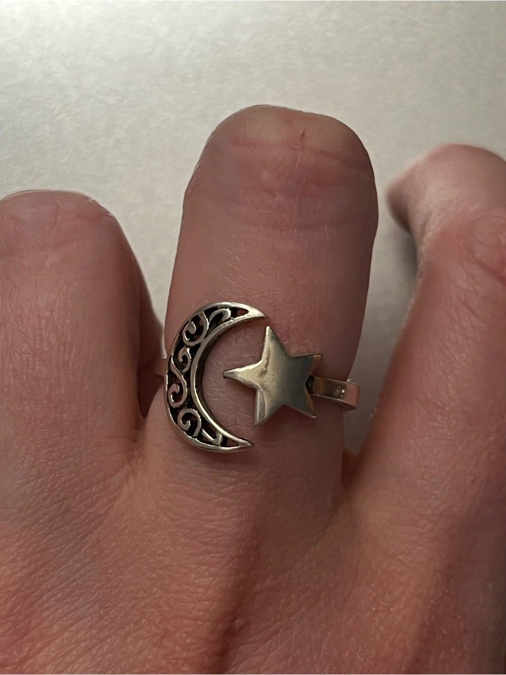 Sterling Silver Crescent Moon and Star Ring - sz 7-8 adjustable